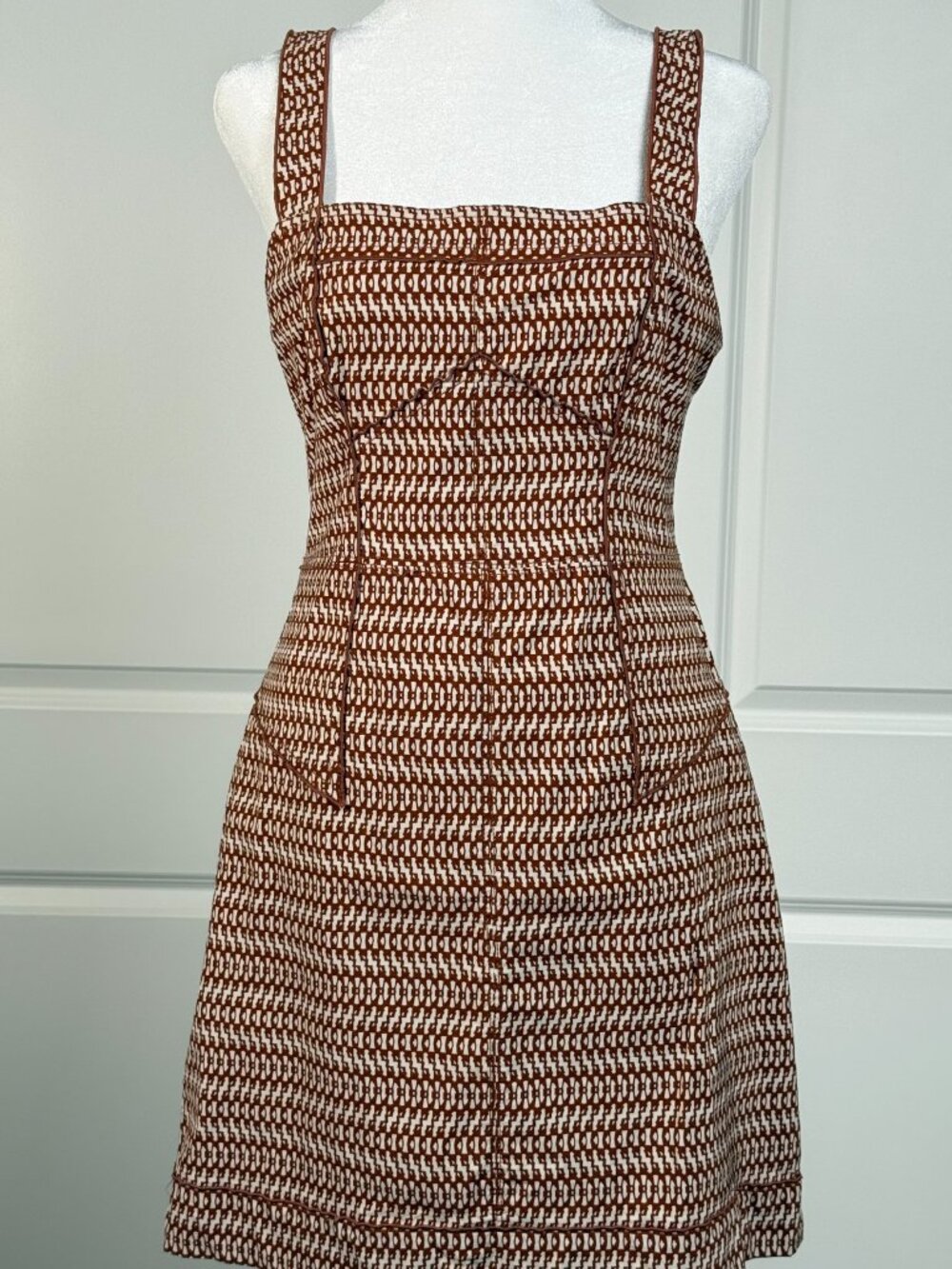 ANTHROPOLOGIE Squareneck Slim Mini Dress, Brown/White Pattern Women's Size 10 - Picture 4 of 9